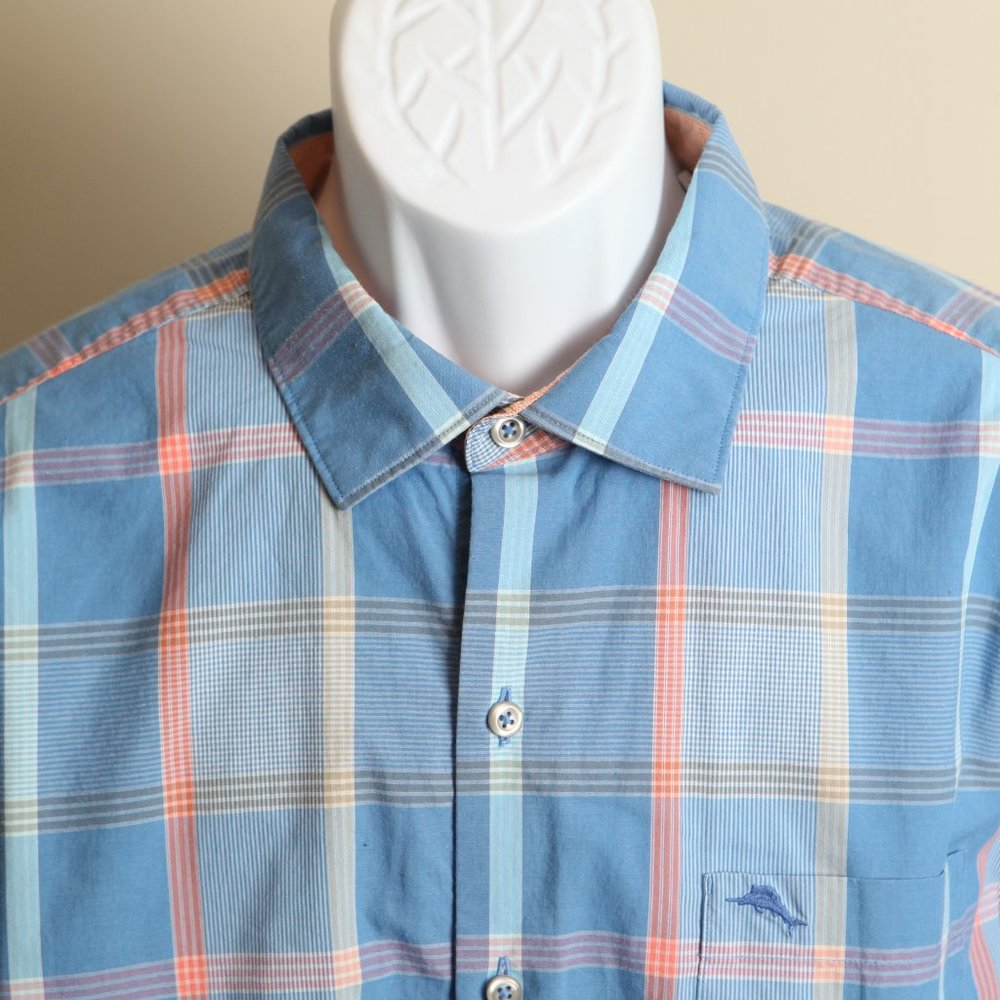 Tommy Bahama Men's blue, orange and khaki plaid Islandzone long sleeve shirt L
